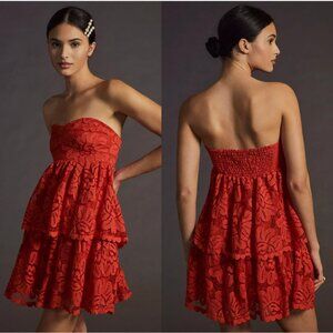Anthropologie Maeve Strapless Lace Mini Dress - Orange Red, Size M